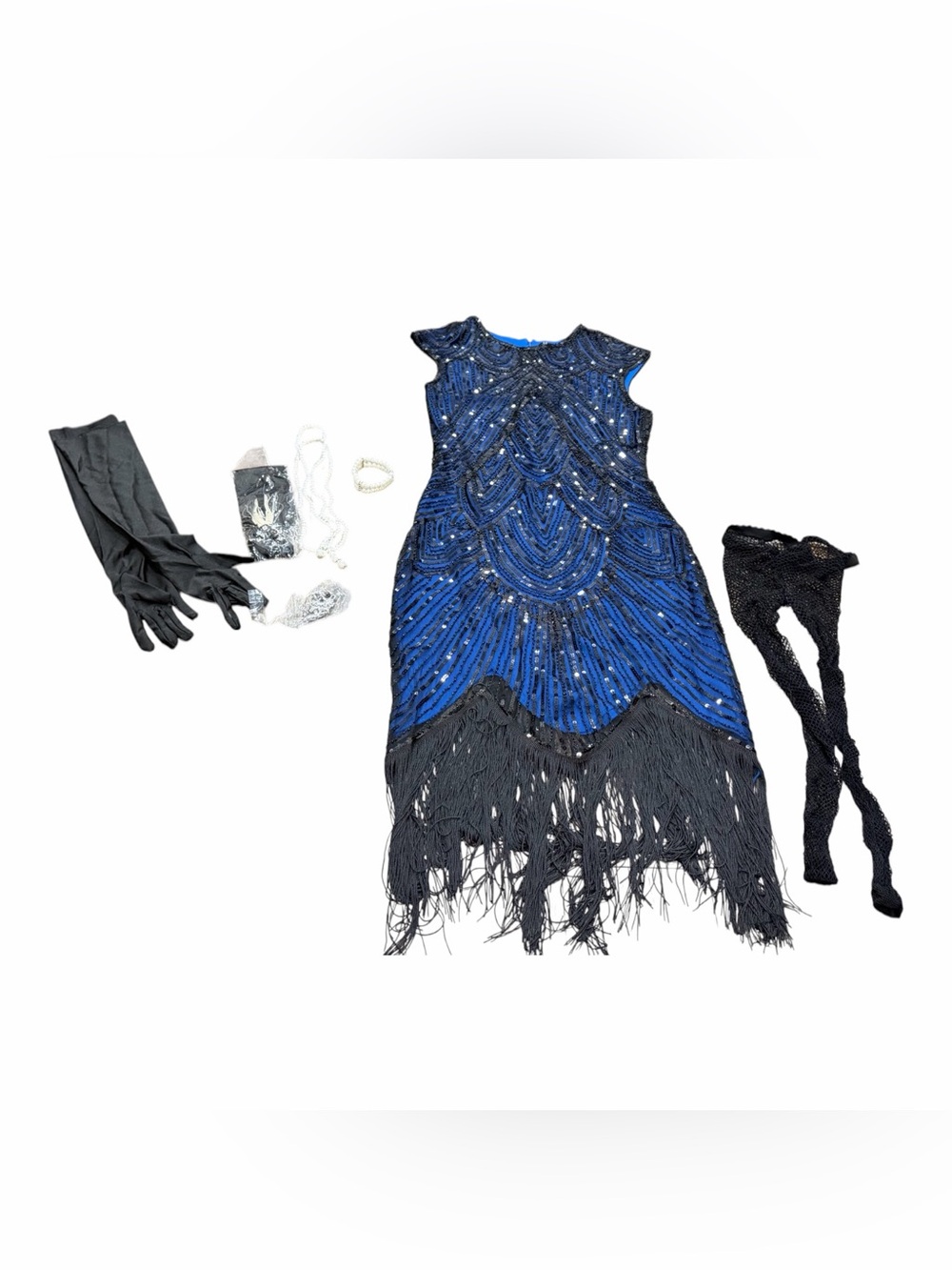 Womens Vintage Lace Fringed Gatsby 1920s Cocktail Dress with 20s Accessories Set